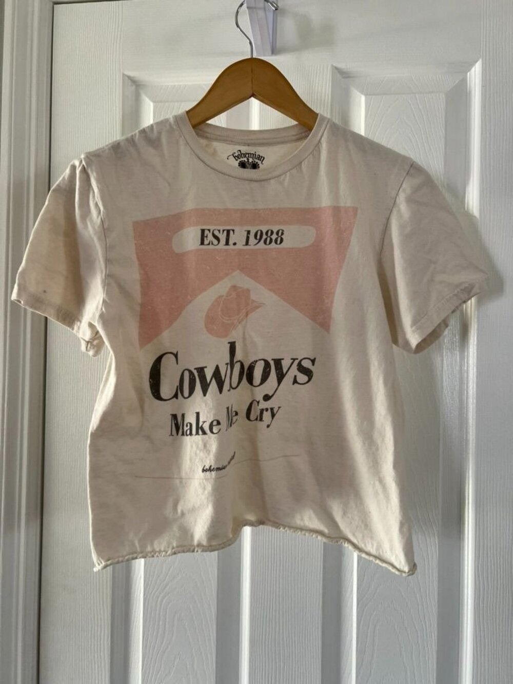 Bohemian Cowgirl Cowboys Make Me Cry Cropped Tee Cream XS Graphic Western Shirt